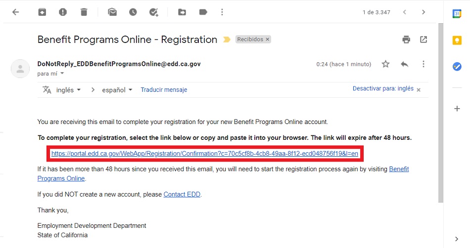 California EDD email confirmation