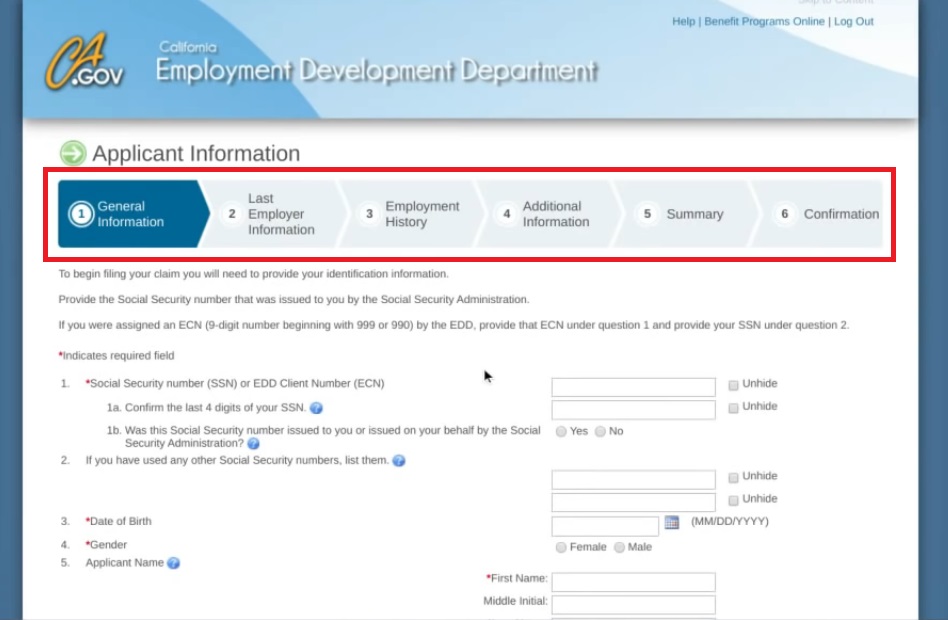 UI online applicant information